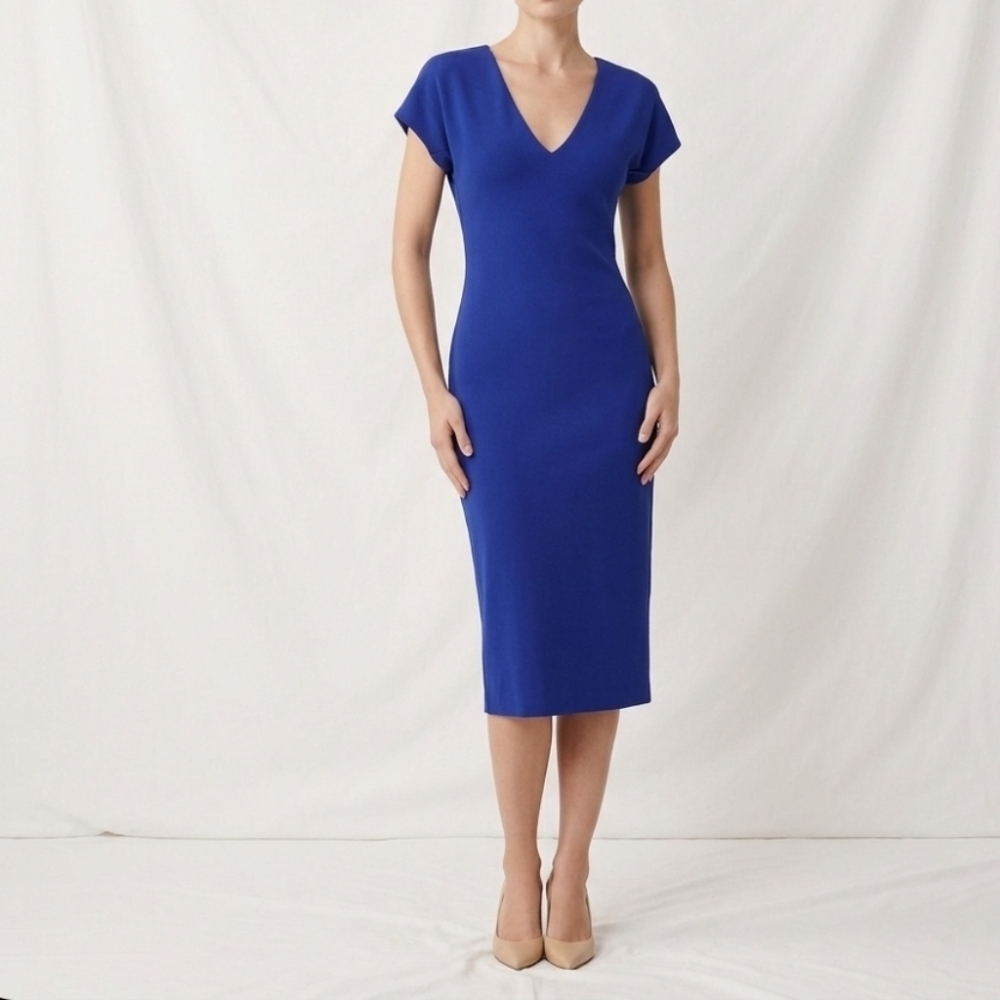 Diane Von Furstenberg Sheath Dress Size 8 Midi Length Blue Jersey Knit V-Neck